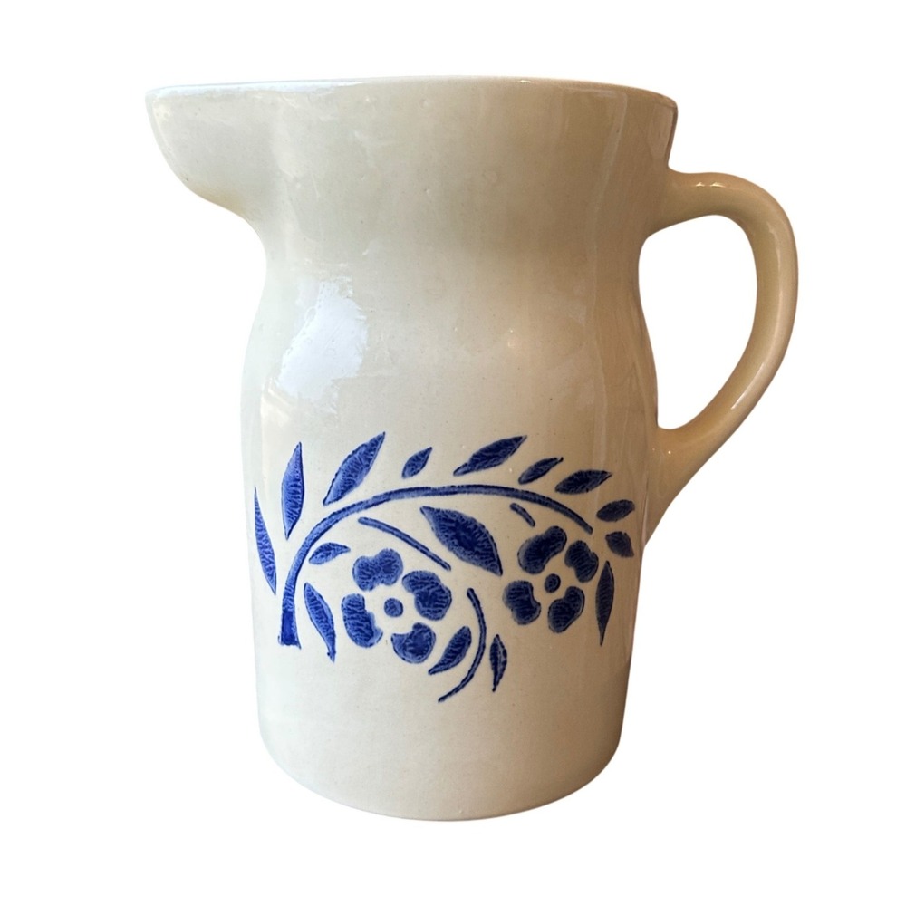 Vintage Style Stoneware Pitcher Cream with Blue Floral Design 8 Inch Vase
